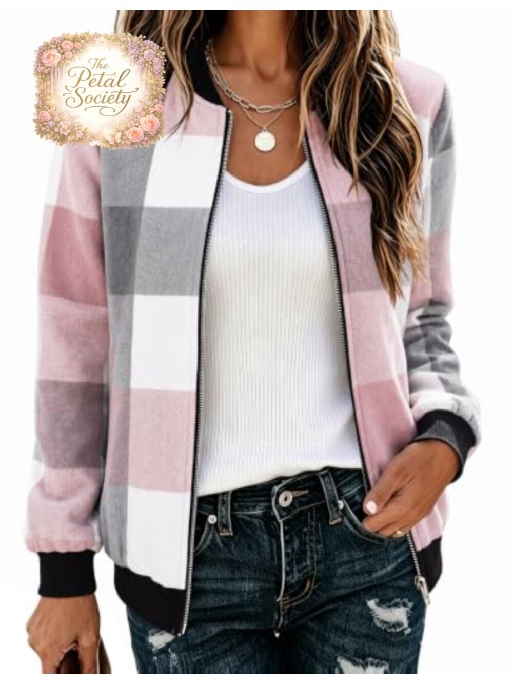 Womens Plaid Flannel Bomber Jacket Zip Up Lightweight Coat